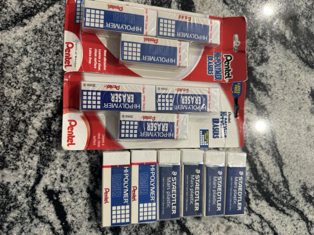 New Lot Of 12 Polymer & Vinyl Erasers Pentel & Steadtler